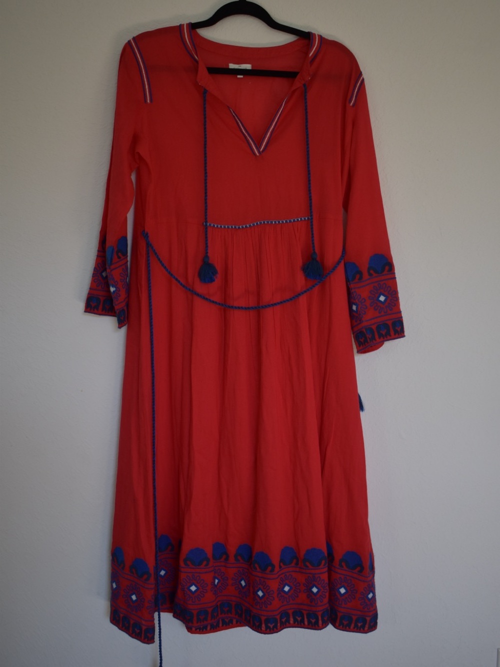 Cyrillus Paris Red/Blue Embroidered Tassel V-Neck Midi Dress Size 38